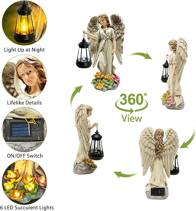 Solar Garden Statue Angel Figurine - Fairy Garden Angel Decor with Hanging Solar Lanterns and Succulent LED Lights for Balcony Patio Lawn Yard Ornaments, Mothers Day Gifts for Women Mom Grandma