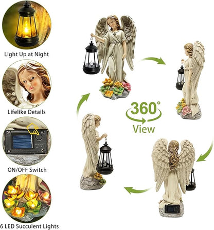 Solar Garden Statue Angel Figurine - Fairy Garden Angel Decor with Hanging Solar Lanterns and Succulent LED Lights for Balcony Patio Lawn Yard Ornaments, Mothers Day Gifts for Women Mom Grandma