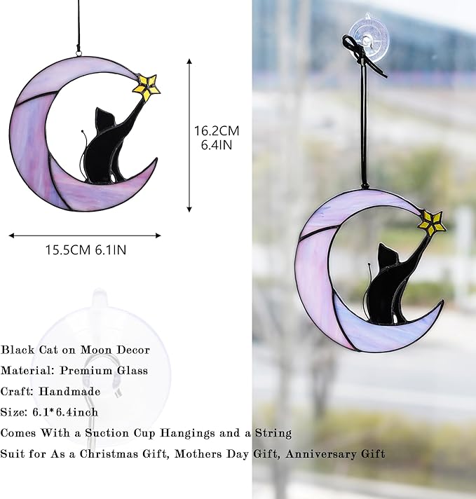 HDCRYSTALGIFTS 6.5'' Black Cat Decor on Purple Moon Stained Glass Window Hanging Suncatcher,Wall Art Glass Window Panel Sun Catcher,Halloween Decoration Memorial Gift for Lover Cat Loss