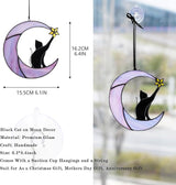 HDCRYSTALGIFTS 6.5'' Black Cat Decor on Purple Moon Stained Glass Window Hanging Suncatcher,Wall Art Glass Window Panel Sun Catcher,Halloween Decoration Memorial Gift for Lover Cat Loss