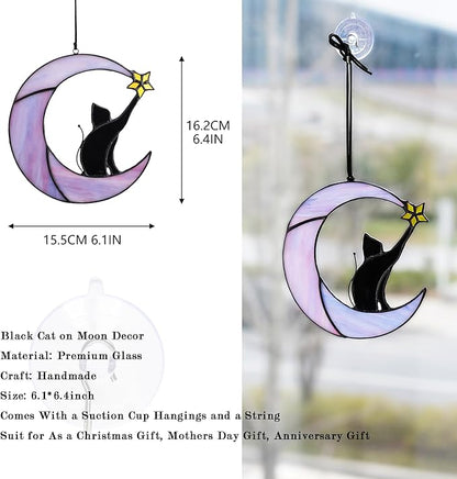 HDCRYSTALGIFTS 6.5'' Black Cat Decor on Purple Moon Stained Glass Window Hanging Suncatcher,Wall Art Glass Window Panel Sun Catcher,Halloween Decoration Memorial Gift for Lover Cat Loss