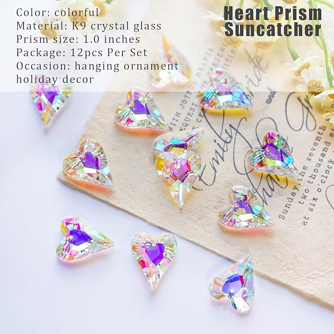 12pcs AB Coating Crystal Heart Prism Suncatcher, Heart Prisms Rainbow Maker, Window Sun Catcher Crystals Hanging Pendant for Garden Home Wedding Christmas Decor(27mm)