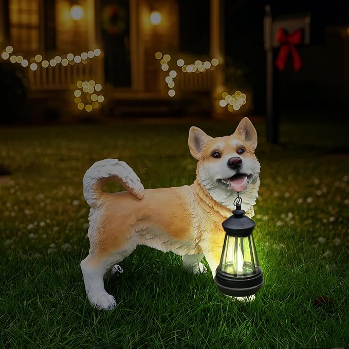 Dog Garden Statue with Solar Lantern & Welcome Sign, Lifelike Shiba Inu Outdoor Yard Art Sculpture, Resin Puppy Figurine Decor for Patio, Porch, Lawn, Gifts for Dog Lovers (9.8 Inch)