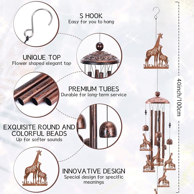 Giraffe Wind Chimes Gift for Outdoor, Giraffe Gifts for Men Women Dad Grandpa, Memorial Gift Metal WindChimes for Outside Indoors Home Lawn Porch Patio Garden Decor Yard Decoration