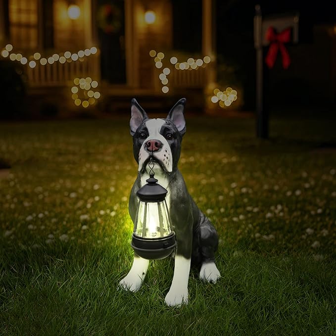 Boston Terrier Dog Garden Statue with Solar Lantern and Double-Sided Welcome Sign, Large Realistic Resin Dog Figurine Outdoor Decor, Waterproof Pet Memorial Sculpture for Yard, Porch, Gift for Family