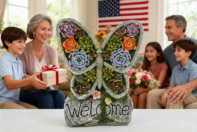 Garden Gnome Statue with Solar Lights Outdoor Statues,Patio Decor for Lawn Yard, Garden Decor Unique Birthday Housewarming Gifts for Mom Grandma Women (Butterfly Succulent Statue)