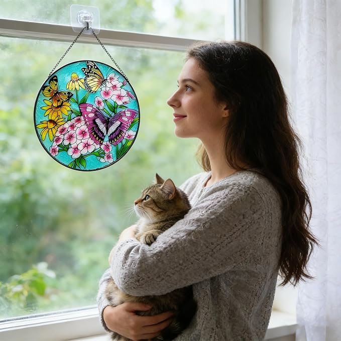 7.87" Sun Catchers Indoor Window,Butterfly Stained Glass Window Hanging, Window Suncatcher Hanging Ornaments Wall Art, Hand-Painted Glass Panel Home Decor (Butterfly A)