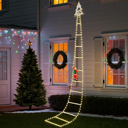 Christmas Ladder Lights with Santa Claus, 248 LED Rope Ladder Light, 8 Lighting Modes & 6H Timer, Waterproof Xmas Decorations Light for Indoor Outdoor, Yard, Porch, Wall, Christmas Tree Decor