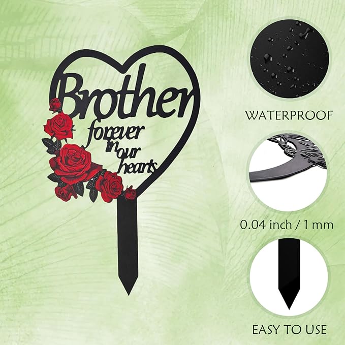 AIM & GGKK Memorial Stake for Brother - Metal Heart Grave Marker with Red Roses, Memorial Plaque Cemetery Decor for Grave, Garden, Gravesite