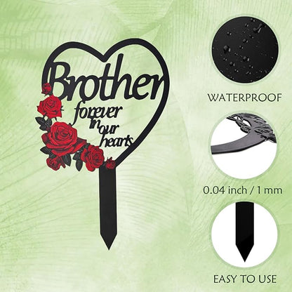 AIM & GGKK Memorial Stake for Brother - Metal Heart Grave Marker with Red Roses, Memorial Plaque Cemetery Decor for Grave, Garden, Gravesite