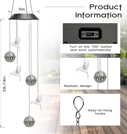 VIHOSE Solar Wind Chimes Lights Outdoor, Color Changing Hanging Solar Wind Chime, Hummingbird Moroccan Ball Mobile LED Lights for Outside Garden Yard Patio Decor, Waterproof