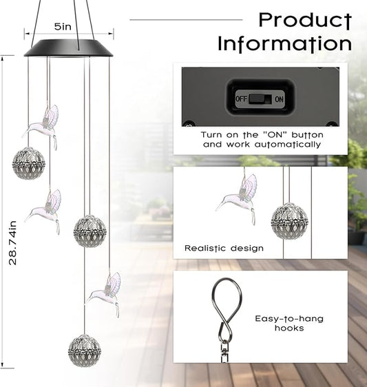 VIHOSE Solar Wind Chimes Lights Outdoor, Color Changing Hanging Solar Wind Chime, Hummingbird Moroccan Ball Mobile LED Lights for Outside Garden Yard Patio Decor, Waterproof