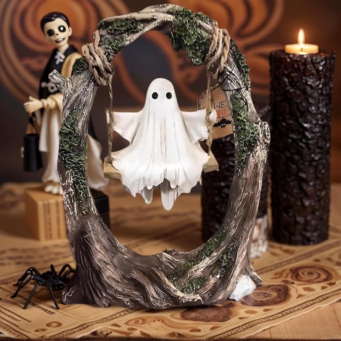 AZYM Ghost Halloween Decor,Ghost on a Tree Swing,Cute Funny Swinging Ghost Halloween Figurine Decoration,for Indoor Desktop Bookshelf Outdoor Garden Patio Lawn Decor