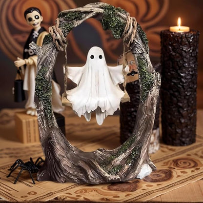 AZYM Ghost Halloween Decor,Ghost on a Tree Swing,Cute Funny Swinging Ghost Halloween Figurine Decoration,for Indoor Desktop Bookshelf Outdoor Garden Patio Lawn Decor
