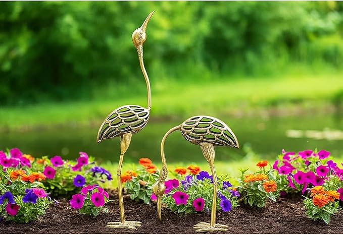 Seraphic Cast Iron Metal Crane/Heron Bird Garden Sculptures Statues for Indoor or Outdoor Lawn Decor, Rustic Bronze, Set of 2
