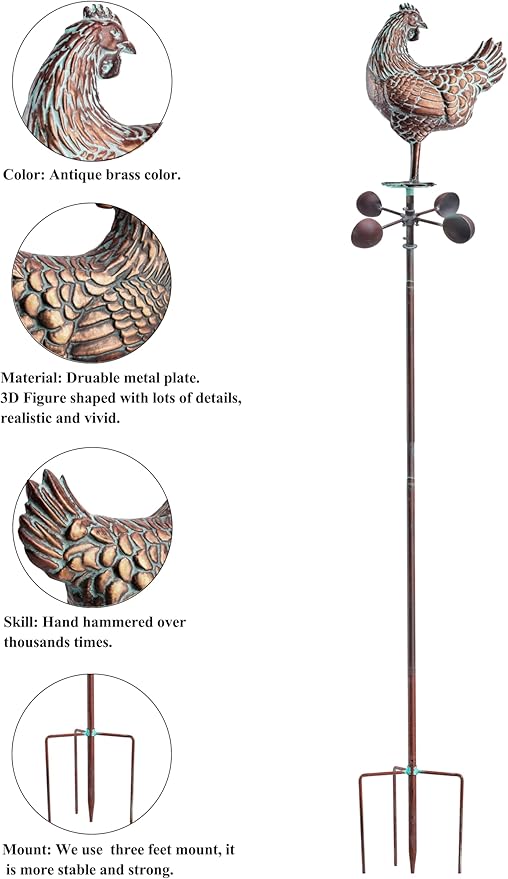 79" Metal Hen Yard Art, 3D Large Kinetic Antique Chicken Wind Sculpture Decorations, Metal Chicken Sculptures & Statues, Garden Chicken Wind Spinner, Outdoor Garden Decor for Patio,Lawn,Farm