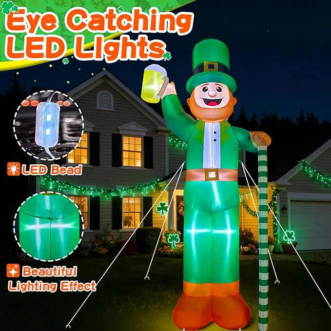 12Ft Giant St. Patrick's Day Blow Up Inflatable Leprechaun Takes a Beer St Patricks Day Inflatable Yard Decorations St Patricks Blow Up Inflatable for Outdoor Garden Lawn Party(with Drawstring Bag)