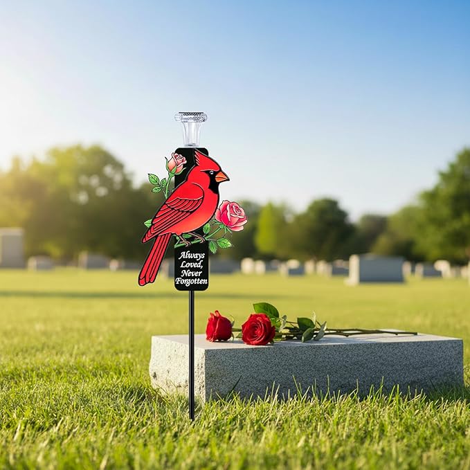 Solar Cardinal Memorial Stakes for Graves - Metal Cemetery Decorations with LED Light, Sympathy Gift for Loss of Mother Mom Grandma, Garden Grave Markers (Red Cardinal)