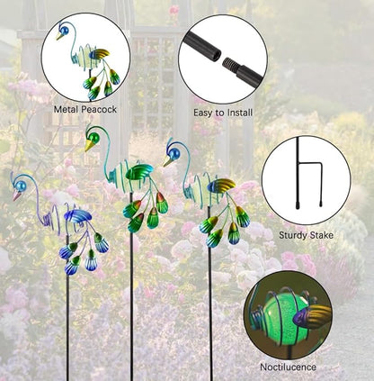 Stargarden Decorative Garden Stakes, 3 Pack Glow in Dark Metal Garden Stakes, Luminous Peacock Yard Art Decor Waterproof Lawn Ornament Gifts for Mom, Women