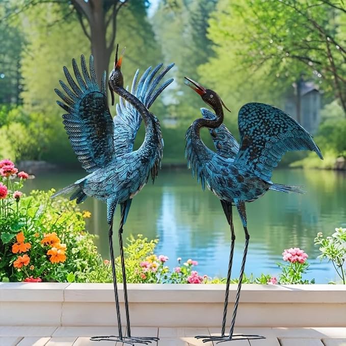 Natelf Garden Crane Sculptures & Statues, Blue Heron Decor Outdoor Large Bird Yard Art, Standing Metal Herons Lawn Ornaments for Home Patio Porch Backyard Decorations(Set of 2)