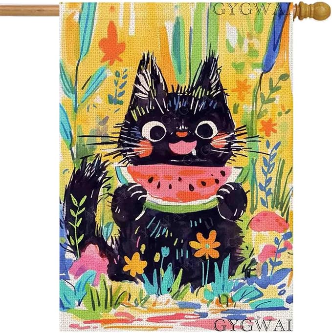 Summer Cat House Flag 28 x 40 Inch Double Sided, Cute Black Cat Eating Watermelon with Floral Flowers Large Burlap Yard Garden Flag Seasonal Outside Outdoor Decorations