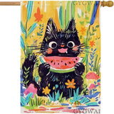 Summer Cat House Flag 28 x 40 Inch Double Sided, Cute Black Cat Eating Watermelon with Floral Flowers Large Burlap Yard Garden Flag Seasonal Outside Outdoor Decorations