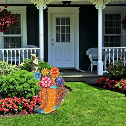 YEAHOME Garden Decor for Outside, 26” Decorative Garden Stakes Metal Boot with Flowers for Spring Decor, Yard Art Stakes for Outdoor Lawn Backyard Porch Pathway Garden Decorations