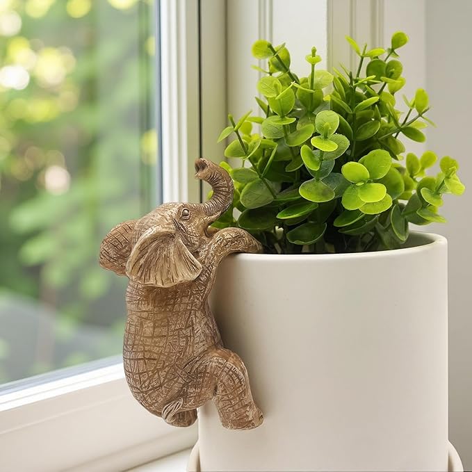 Cute Climbing Elephant Flower Pot Hugger Figurines Resin Hanging Elephant Statue Planter Pot Decorations for Home Garden Fence Balcony Patio Lawn Yard Ornaments