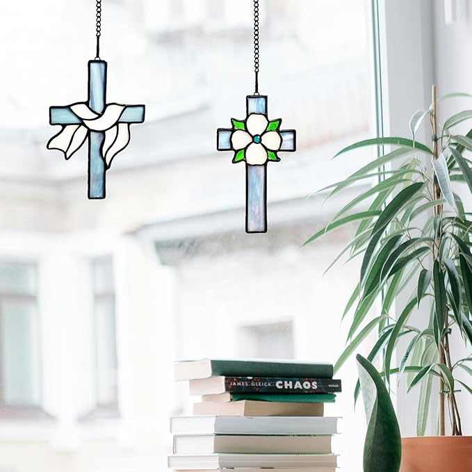Stained Glass Ribbons Cross Decor Window Hanging for Baptism, First Communion Handmade Art Cross Suncatchers Religious Ornament Gifts for Women