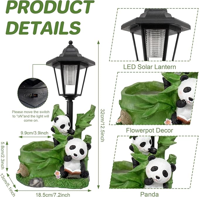 Panda Outdoor Statue with Solar Lantern Flowerpot for Garden Decor Panda Sculpture Figurine Bamboo for Patio Balcony Yard Lawn Decorations Gifts for Women Mom