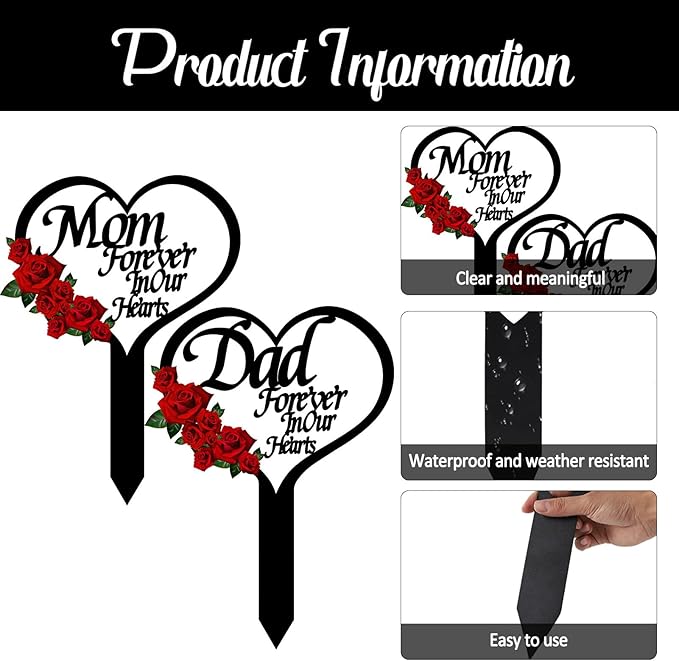 OZIO Memorial Grave Markers for Cemetery, Heart Memorial Plaque Stake Cardinals Garden Stake Memorial Metal Grave Stake Decoration for Mom Dad Cemetery Outdoors Yard Garden