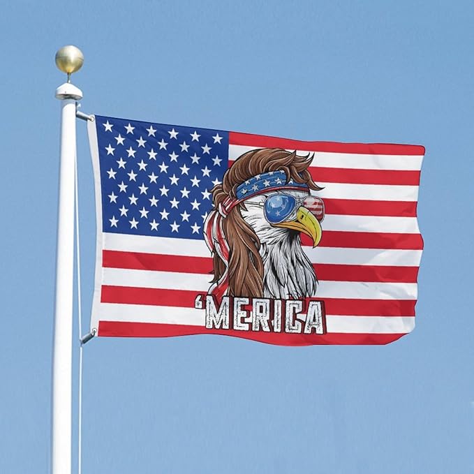 Eagle Mullet Merica Flag – 3x5 Ft Outdoor/Indoor Durable Polyester Funny 4th of July Patriotic Banner Vivid Color Fade Resistant-Sided with Brass Grommets – Bald Eagle American Banner Décor