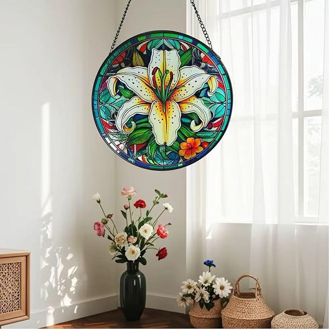 Colorful 7.87'' Lily Flowers Stained Glass Window Hanging - Sun Catcher for Indoor Window Decor, Garden, or as Thoughtful Gifts for Women, Wife, Mom on Party, Birthday, Housewarming