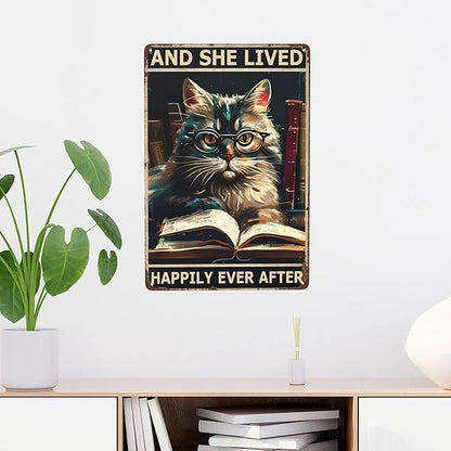 Vintage Metal & Tin Signs for Retro Boho, Hippie & Library Decor with Cat, Glasses & Garden Plaques - Perfect Wall Art for Home Office, Bathroom or Yard - 12x8 Chalkboard Style Prints