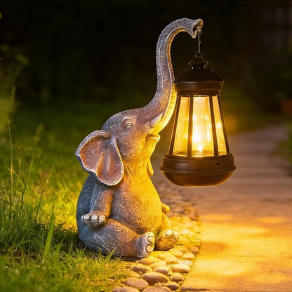 Solar Elephant Statue Outdoor Garden Decor - 10" Resin Elephant Figurine with Hanging Solar Lantern, Waterproof Patio Yard Art, Lucky Elephant Gifts for Women Mom Housewarming