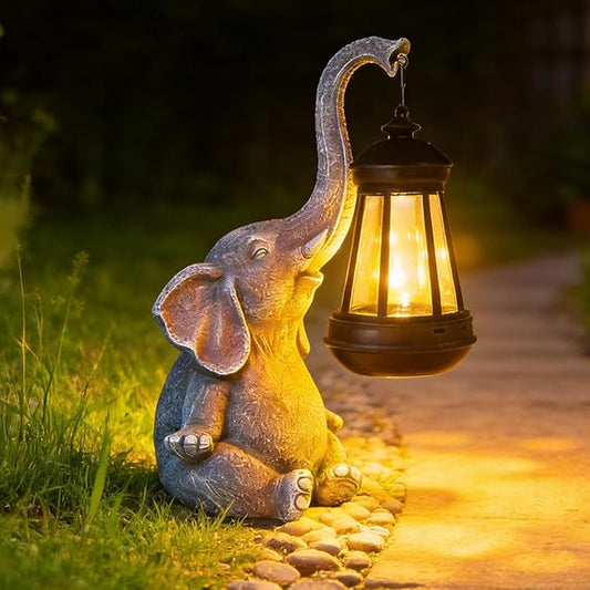 Solar Elephant Statue Outdoor Garden Decor - 10" Resin Elephant Figurine with Hanging Solar Lantern, Waterproof Patio Yard Art, Lucky Elephant Gifts for Women Mom Housewarming