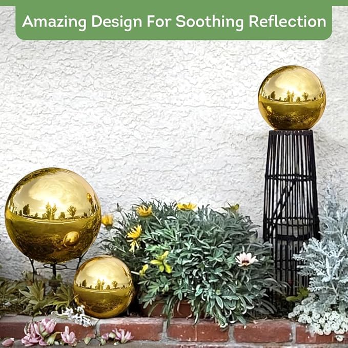 Lily's Home Stainless Steel Gazing Globe Mirror Ball, Colorful and Shiny Addition to Any Garden or Home. Shiny Gold.