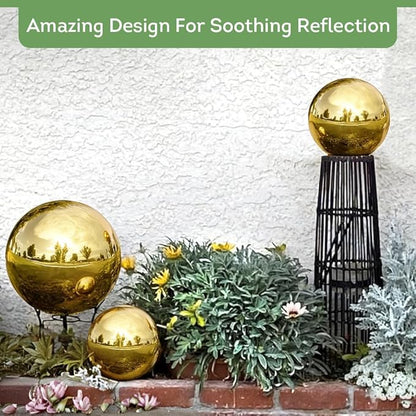 Lily's Home Stainless Steel Gazing Globe Mirror Ball, Colorful and Shiny Addition to Any Garden or Home. Shiny Gold.