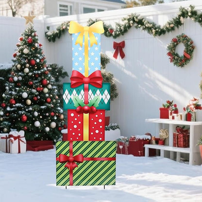 WONDER GARDEN Christmas Yard Signs, Metal Gift Boxes Yard Stakes Christmas Outdoor Decorations Freely Mix and Match for Xmas Holiday Outdoor Garden Lawn Pathway Decor