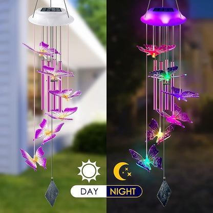 Lightalent Solar Butterfly Wind Chimes, Gifts for Mom Women, Glowing Top Changing Colors LED Wind Chime for Outside with 4 Iron Tubes, Outdoor Decor Mobile for Garden Yard (Purple)