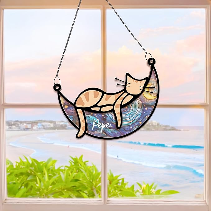 Cat Memorial Suncatcher, Personalized Name Pet Sleeping on Moon Ornament Window Car Hanging, Sympathy Gift for Loss of Pet Passed Away Keepsake, Remembrance Gifts for Cat Lovers