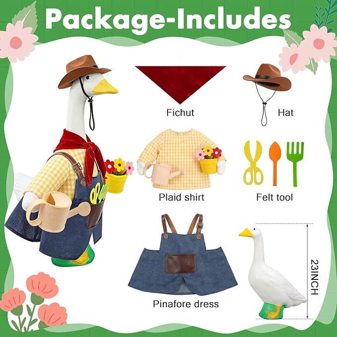 Porch Goose Outfit for 23" Cement & Plastic Goose Statue – Gardener Porch Goose Clothes with Cowboy Hat,Includes Scarf,Tools,Watering Can & Flower Pot, Outdoor Lawn Yard Decor & Front Porch
