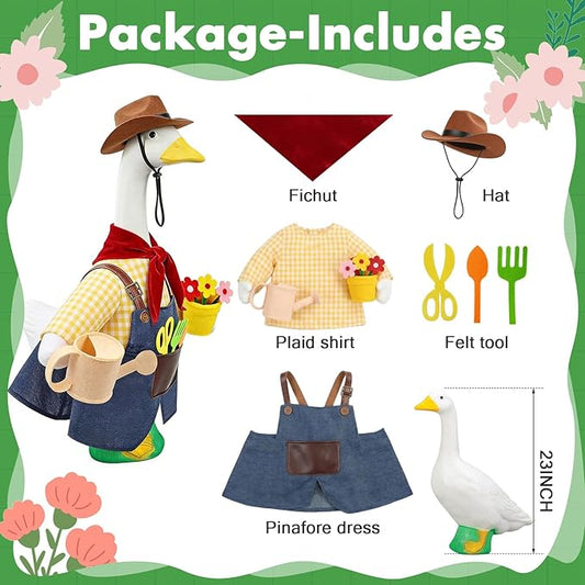 Porch Goose Outfit for 23" Cement & Plastic Goose Statue – Gardener Porch Goose Clothes with Cowboy Hat,Includes Scarf,Tools,Watering Can & Flower Pot, Outdoor Lawn Yard Decor & Front Porch