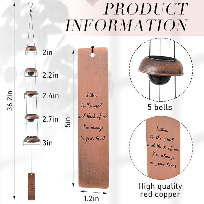 Wonderjune 36'' Memorial Sympathy Wind Chimes for Loss of Loved One Dog Bereavement Gift Idea in Memory, Red Copper Wind Chime with 5 Bells Condolences Basket for Mother Father Pet (Loved One)