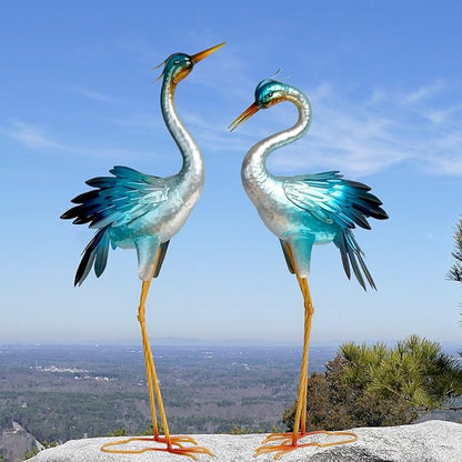 Shorayn Metal Crane Garden Statue, Garden Sculptures & Statues, Crane Ornaments Yard Art for Backyard Patio Lawn Decorations (Blue)