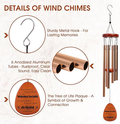 Wind Chimes for Outside, for Mom from Daughter Son with Gift Box, Deep Tones 6 Aluminum Tubes, Engraved Wood Sign, Thanksgiving for Mom, Garden Decor, Tree of Life