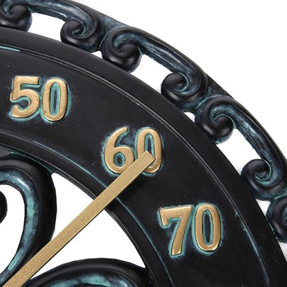 Lily's Home Hanging Verdigris Wall Dial Thermometer, Ideal for Indoor and Outdoor Use, Black (13 Inches)