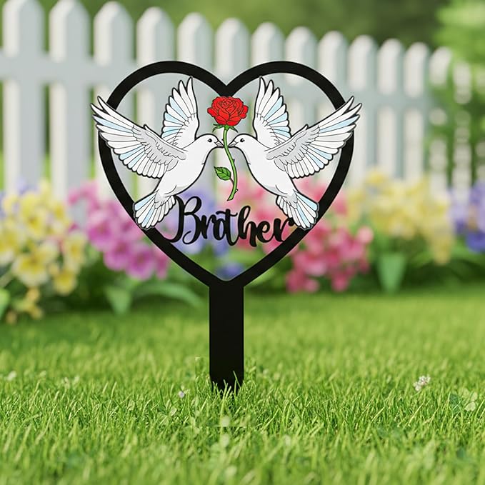 Brother Grave Decorations for Cemetery - Heart Metal Memorial Stake with Doves - Sturdy Waterproof Brother Remembrance Plaque - Graveside Burial Markers, Loss of Brother Gift(White Dove)