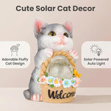Solar Garden Welcome Statue with LED Light, Outdoor Decorative Animal Figurines, 8-10 Hour Working Time, Floral Basket Design, Lawn Yard Decor (Cat)