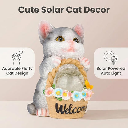 Solar Garden Welcome Statue with LED Light, Outdoor Decorative Animal Figurines, 8-10 Hour Working Time, Floral Basket Design, Lawn Yard Decor (Cat)